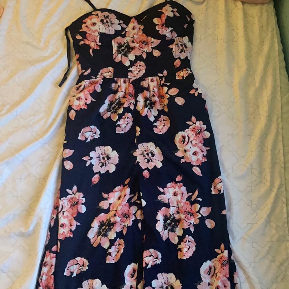 Dark blue pink flower romper